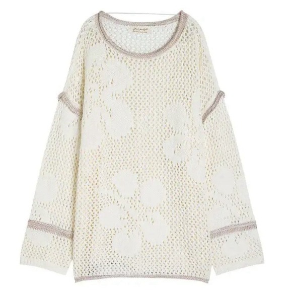 Free People Sweaters - NWT Free People Hidden Tropics Sweater Ivory Purple Trim Open Knit Sz MD Boho